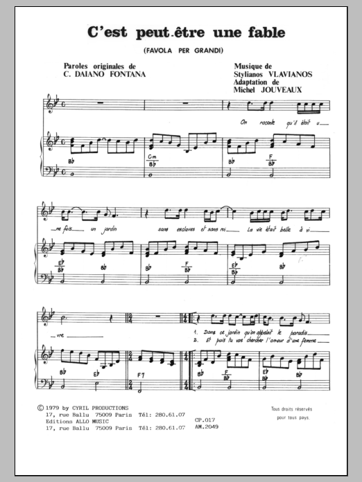 Stylianos Vlavianos C'est Peut Etre Une Fable (Una Favola Per) Sheet Music Notes & Chords for Piano & Vocal - Download or Print PDF