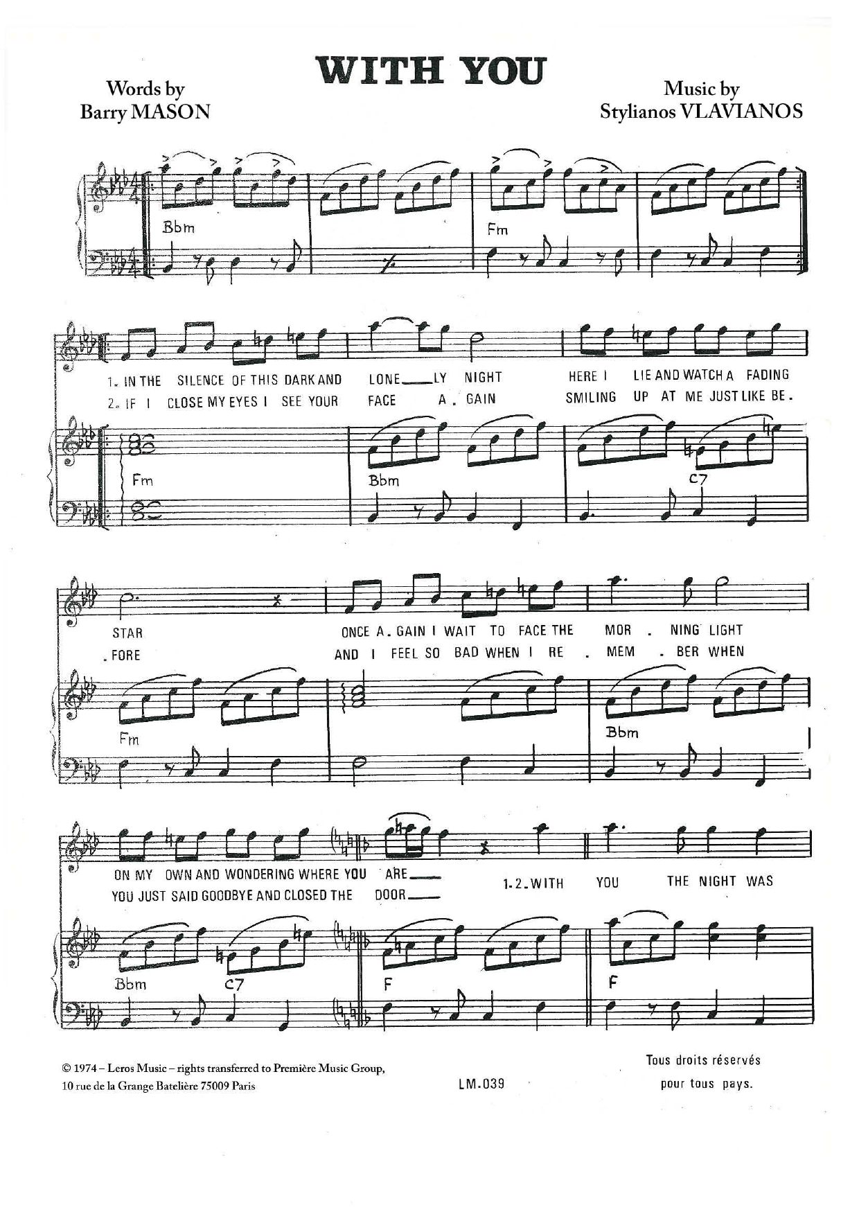 Stylianos Vlavianos With You Sheet Music Notes & Chords for Piano & Vocal - Download or Print PDF