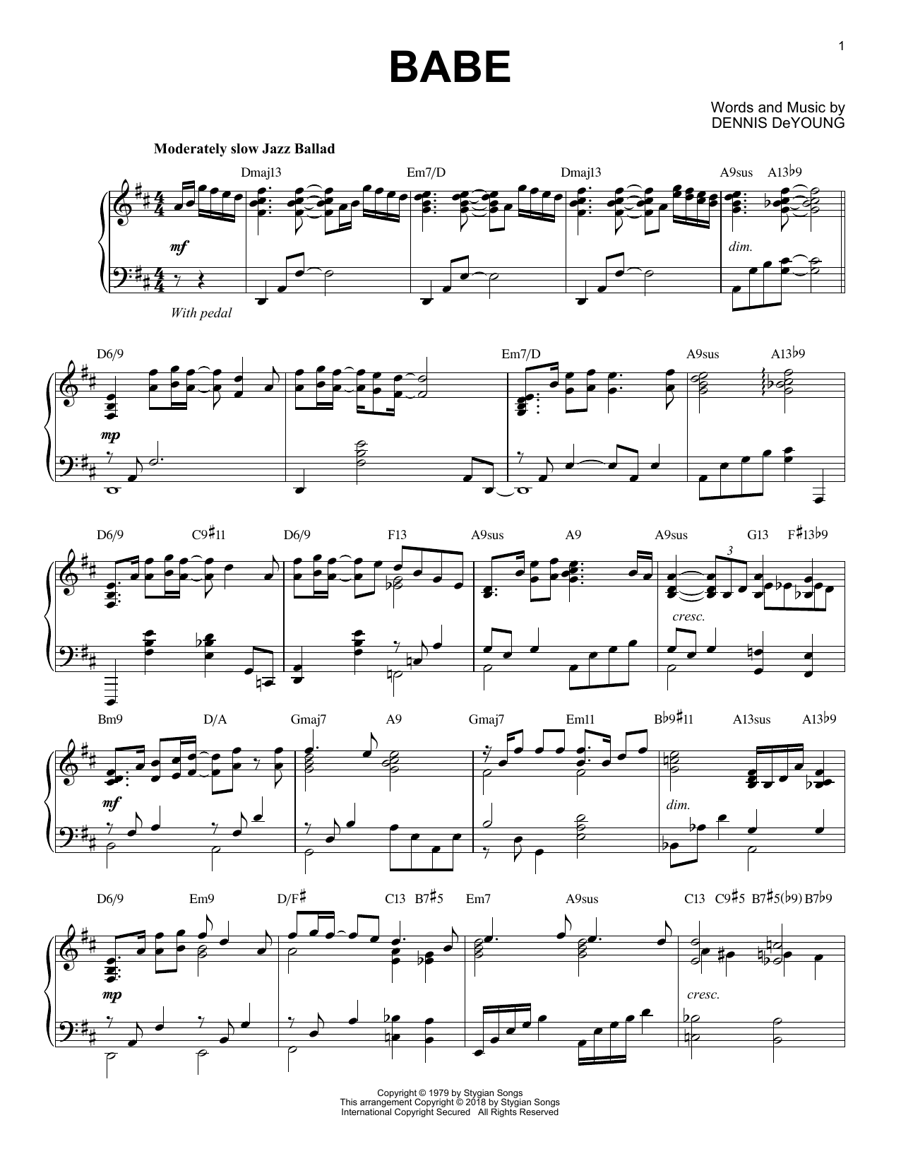 Styx Babe [Jazz version] Sheet Music Notes & Chords for Piano - Download or Print PDF