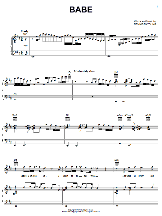 Styx Babe Sheet Music Notes & Chords for Melody Line, Lyrics & Chords - Download or Print PDF