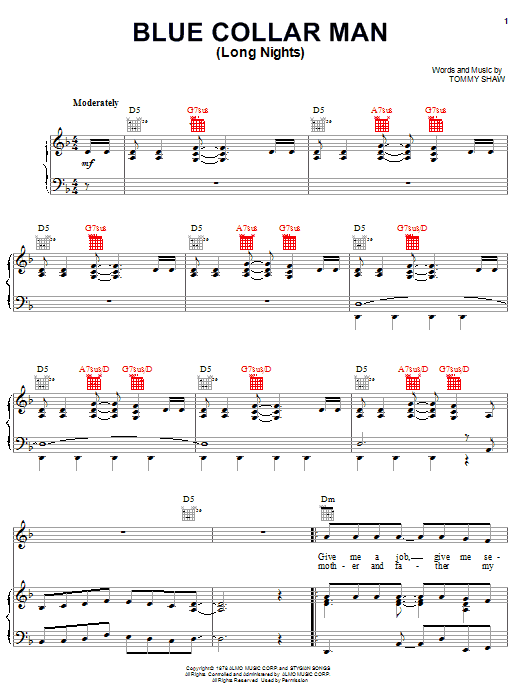 Styx Blue Collar Man (Long Nights) Sheet Music Notes & Chords for Melody Line, Lyrics & Chords - Download or Print PDF