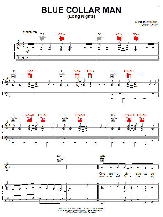 Styx Blue Collar Man (Long Nights) sheet music notes and chords. Download Printable PDF.