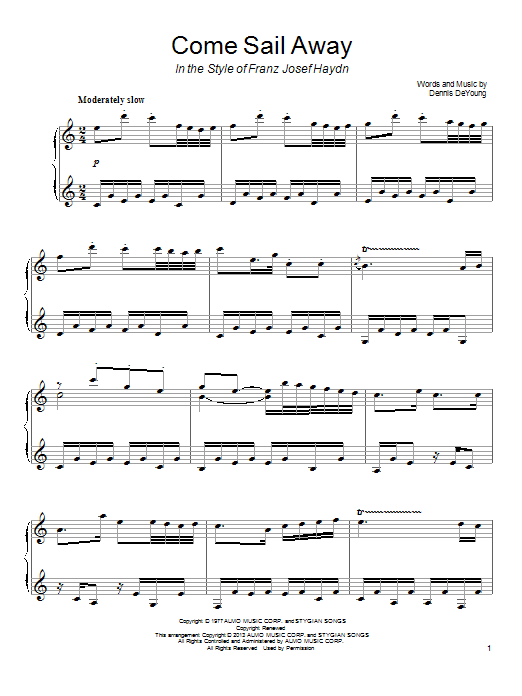 Styx Come Sail Away Sheet Music Notes & Chords for Piano - Download or Print PDF