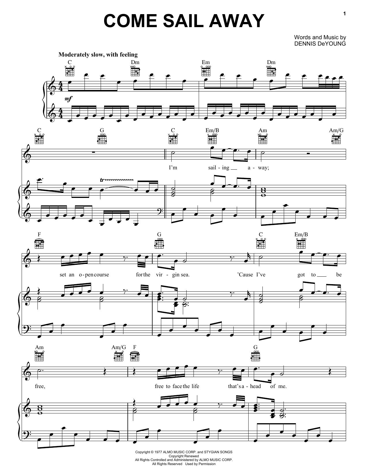 Styx Come Sail Away sheet music notes and chords. Download Printable PDF.