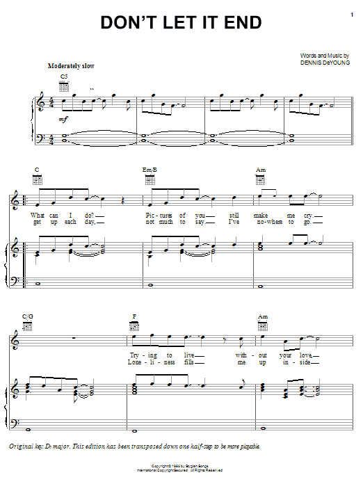 Styx Don't Let It End Sheet Music Notes & Chords for Piano, Vocal & Guitar (Right-Hand Melody) - Download or Print PDF