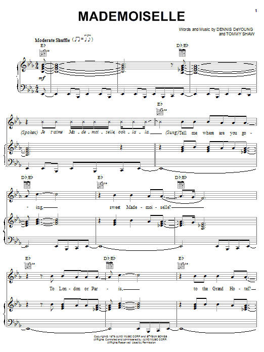 Styx Mademoiselle Sheet Music Notes & Chords for Piano, Vocal & Guitar (Right-Hand Melody) - Download or Print PDF