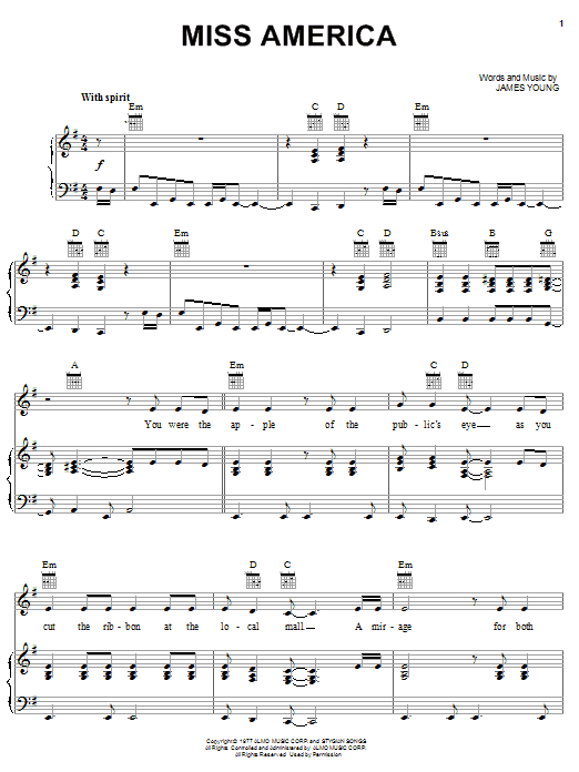 Styx Miss America Sheet Music Notes & Chords for Piano, Vocal & Guitar (Right-Hand Melody) - Download or Print PDF