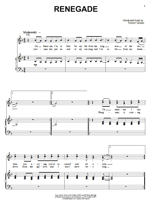 Styx Renegade Sheet Music Notes & Chords for Easy Guitar Tab - Download or Print PDF