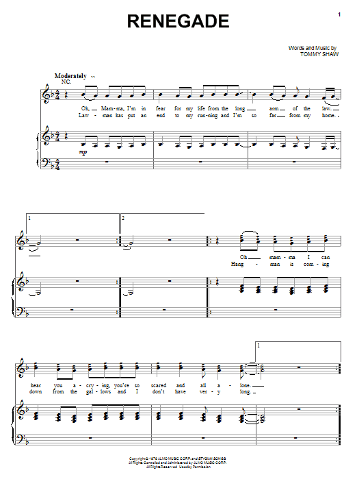 Styx Renegade sheet music notes and chords. Download Printable PDF.