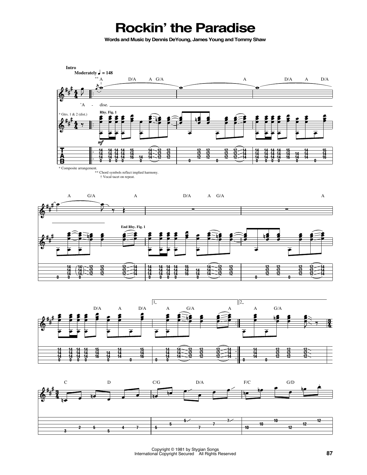 Styx Rockin' The Paradise Sheet Music Notes & Chords for Guitar Tab - Download or Print PDF