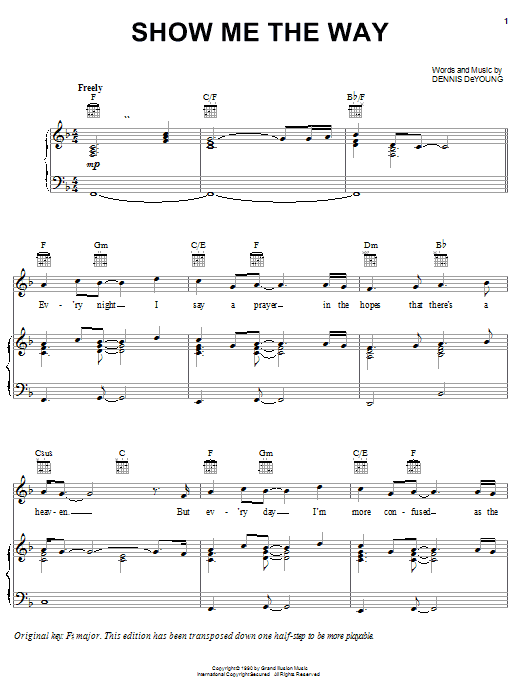 Styx Show Me The Way Sheet Music Notes & Chords for Piano, Vocal & Guitar (Right-Hand Melody) - Download or Print PDF Styx Show Me The Way Sheet Music Notes & Chords for Piano, Vocal & Guitar (Right-Hand Melody) - Download or Print PDF