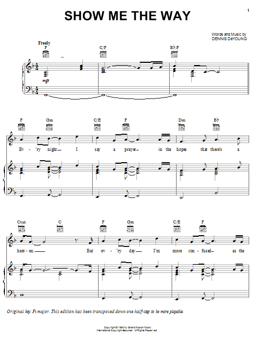 Styx Show Me The Way Sheet Music Notes & Chords for Piano, Vocal & Guitar (Right-Hand Melody) - Download or Print PDF