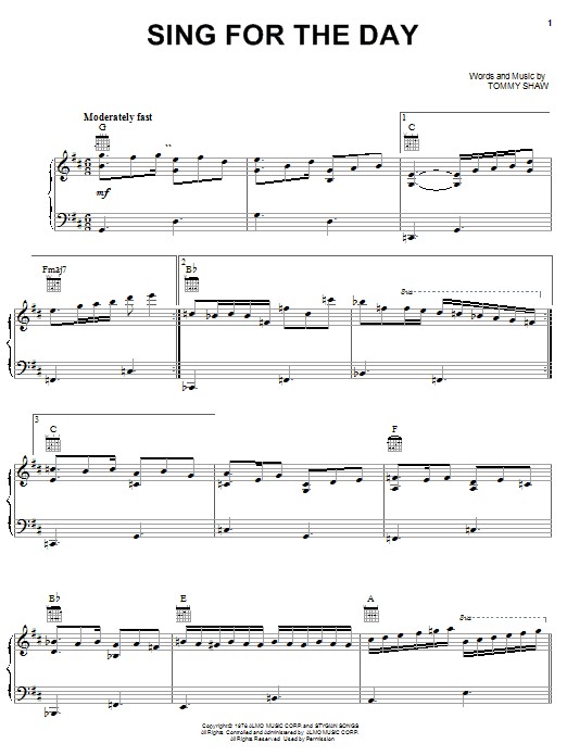 Styx Sing For The Day Sheet Music Notes & Chords for Piano, Vocal & Guitar (Right-Hand Melody) - Download or Print PDF