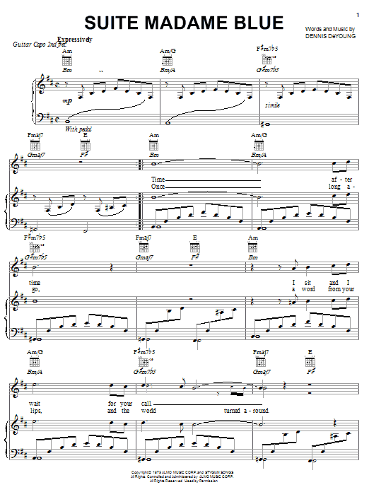 Styx Suite Madame Blue Sheet Music Notes & Chords for Piano, Vocal & Guitar (Right-Hand Melody) - Download or Print PDF