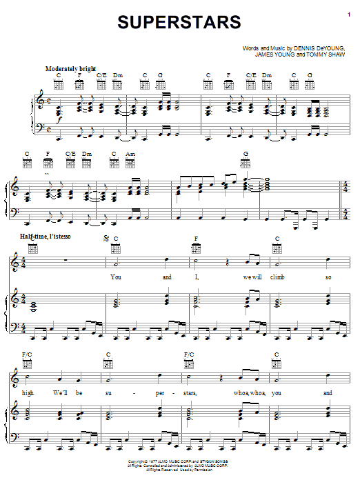 Styx Superstars Sheet Music Notes & Chords for Piano, Vocal & Guitar (Right-Hand Melody) - Download or Print PDF