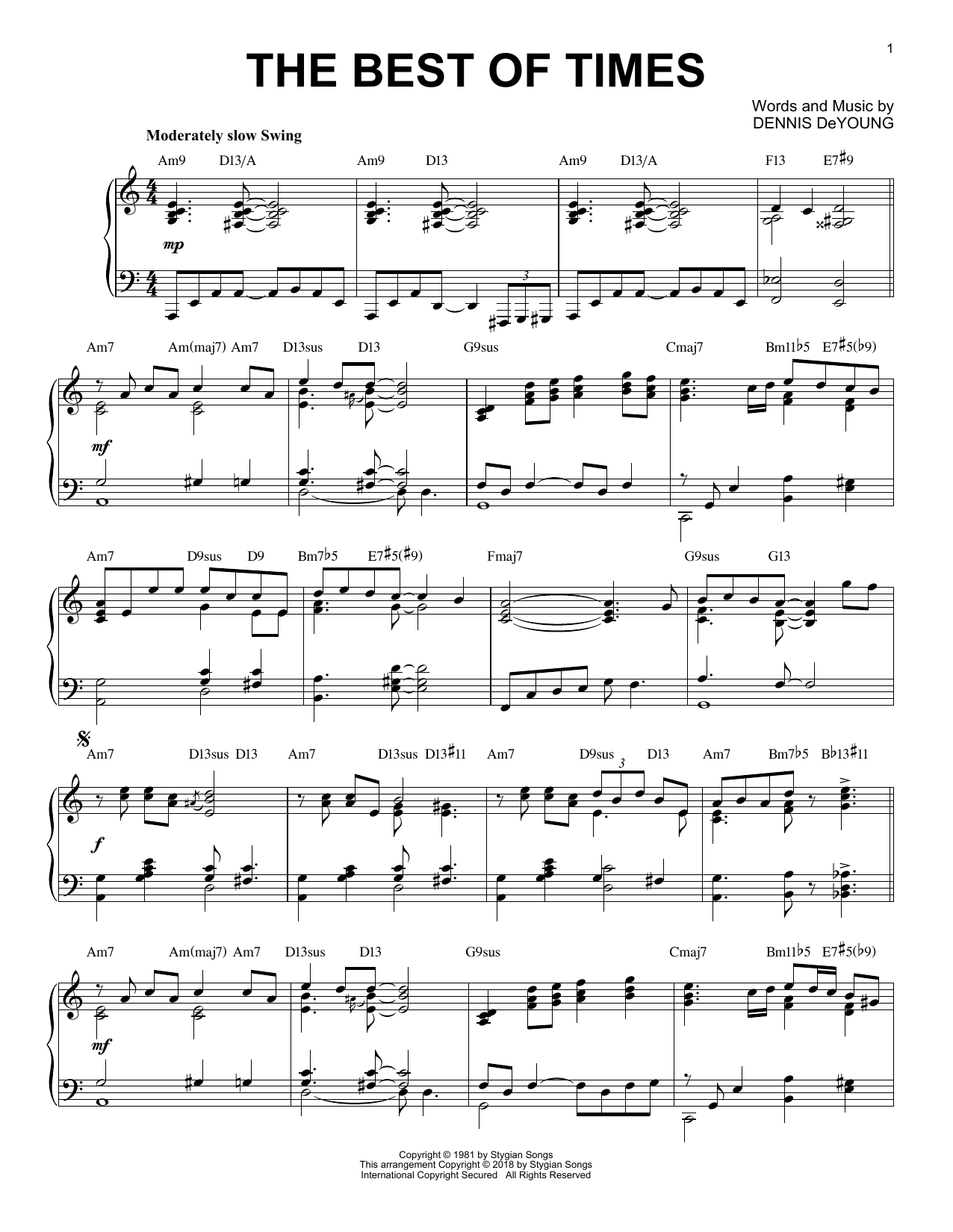 Styx The Best Of Times [Jazz version] Sheet Music Notes & Chords for Piano - Download or Print PDF