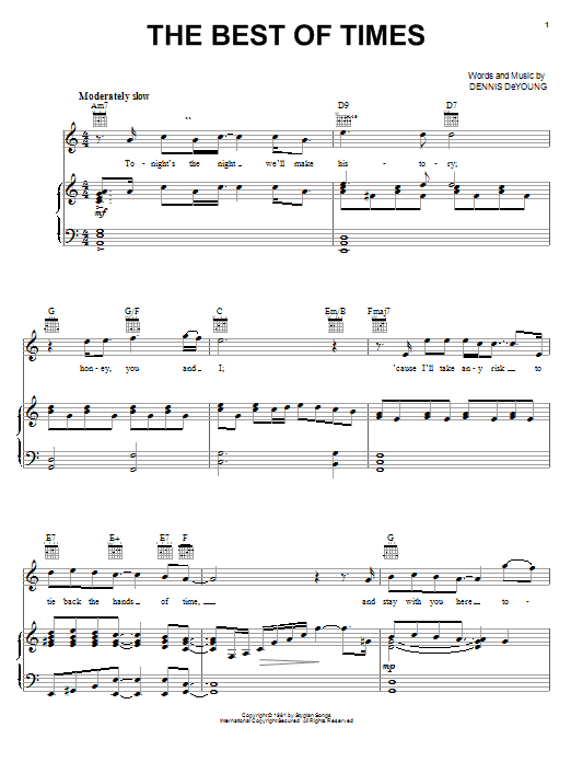 Styx The Best Of Times Sheet Music Notes & Chords for Piano, Vocal & Guitar (Right-Hand Melody) - Download or Print PDF