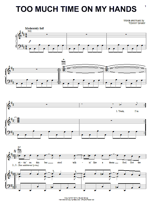 Styx Too Much Time On My Hands Sheet Music Notes & Chords for Piano, Vocal & Guitar (Right-Hand Melody) - Download or Print PDF Styx Too Much Time On My Hands Sheet Music Notes & Chords for Piano, Vocal & Guitar (Right-Hand Melody) - Download or Print PDF