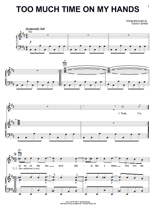 Styx Too Much Time On My Hands Sheet Music Notes & Chords for Piano, Vocal & Guitar (Right-Hand Melody) - Download or Print PDF