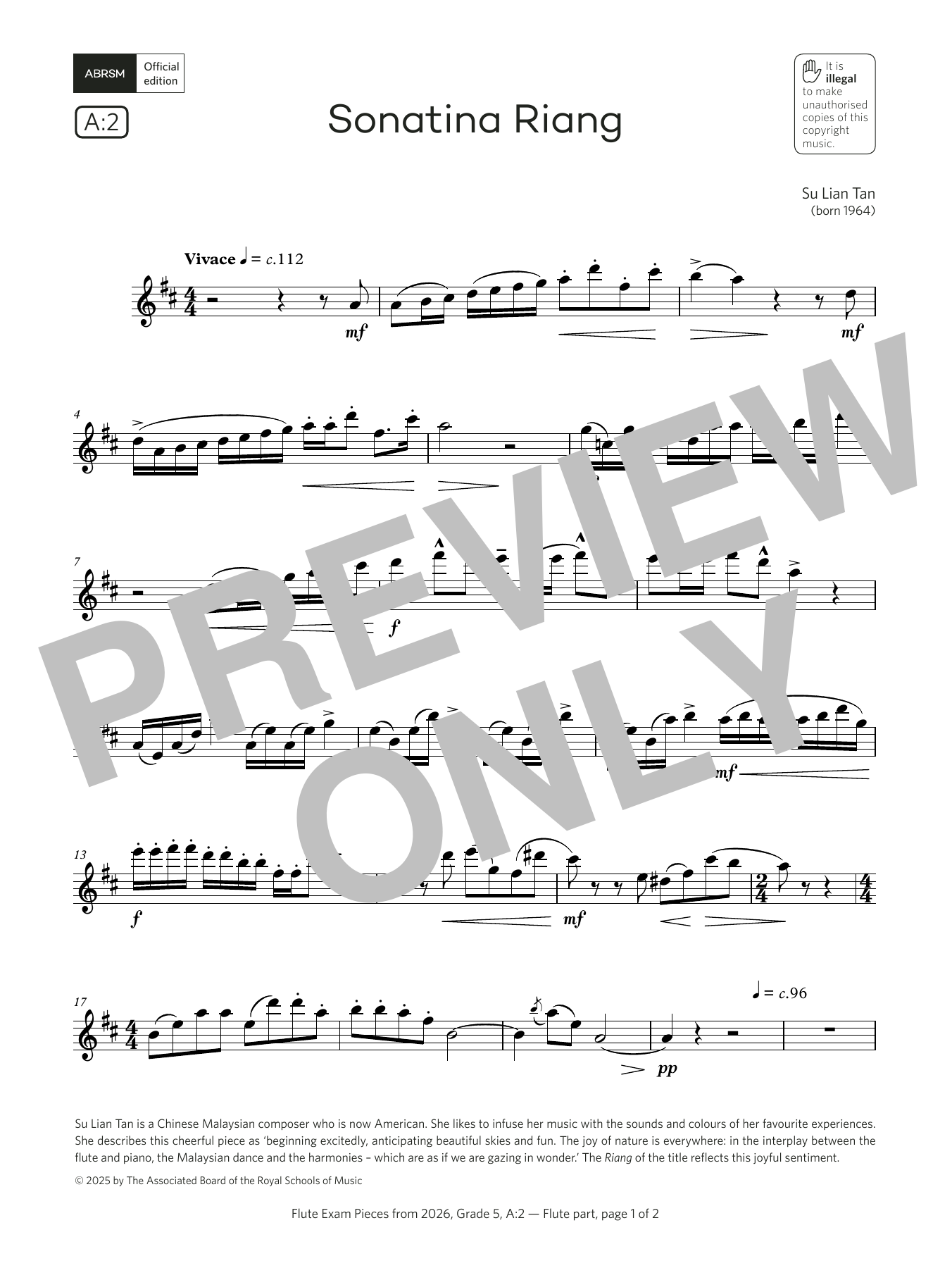 Su Lian Tan Sonatina Riang (Grade 5, list A2, from the ABRSM Flute Syllabus from 2026) Sheet Music Notes & Chords for Flute Solo - Download or Print PDF Su Lian Tan Sonatina Riang (Grade 5, list A2, from the ABRSM Flute Syllabus from 2026) Sheet Music Notes & Chords for Flute Solo - Download or Print PDF