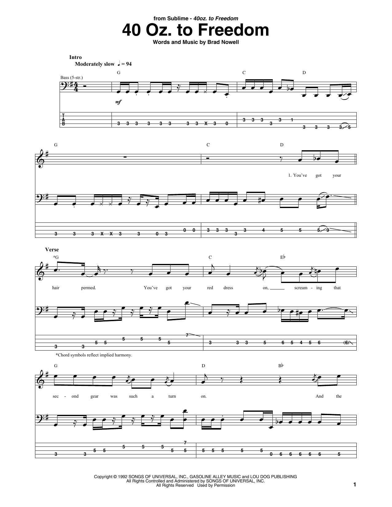 Sublime 40 Oz. To Freedom Sheet Music Notes & Chords for Bass Guitar Tab - Download or Print PDF
