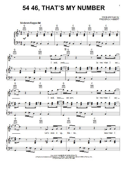 Sublime 5446, That's My Number Sheet Music Notes & Chords for Piano, Vocal & Guitar (Right-Hand Melody) - Download or Print PDF