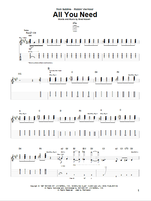 Sublime All You Need Sheet Music Notes & Chords for Guitar Tab - Download or Print PDF