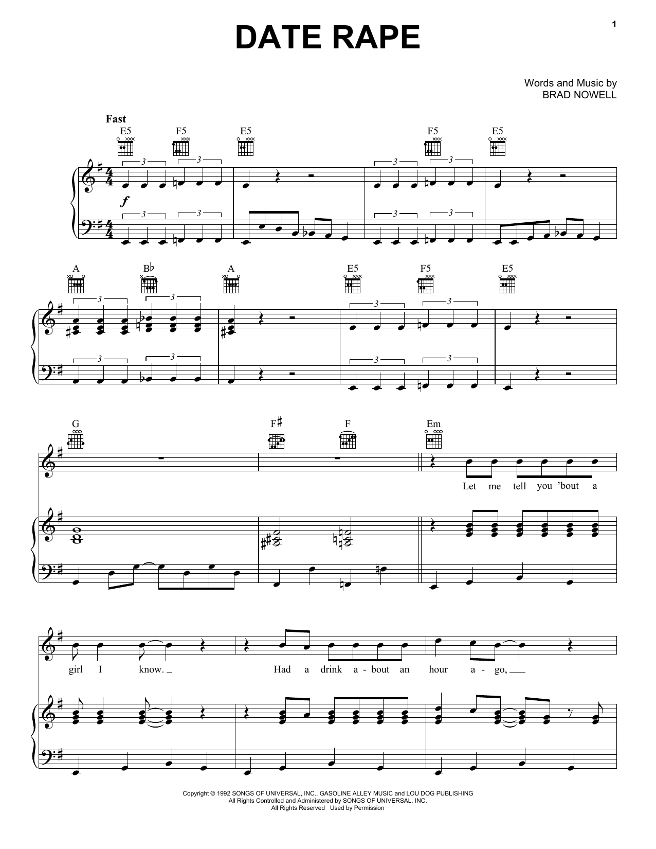 Sublime Date Rape Sheet Music Notes & Chords for Piano, Vocal & Guitar (Right-Hand Melody) - Download or Print PDF