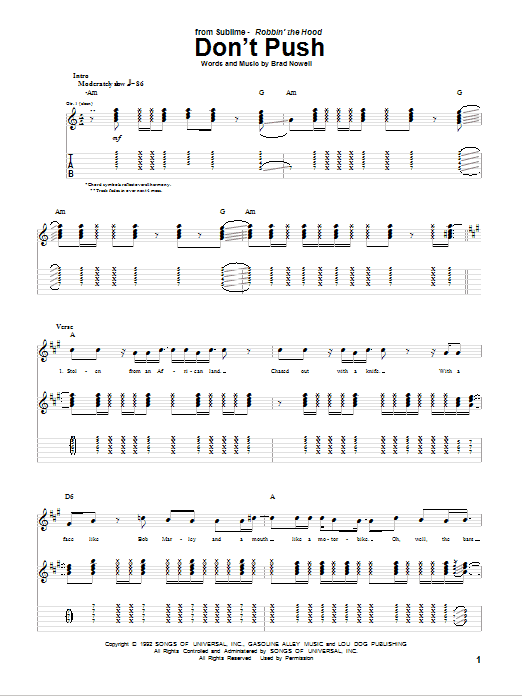 Sublime Don't Push Sheet Music Notes & Chords for Piano, Vocal & Guitar (Right-Hand Melody) - Download or Print PDF