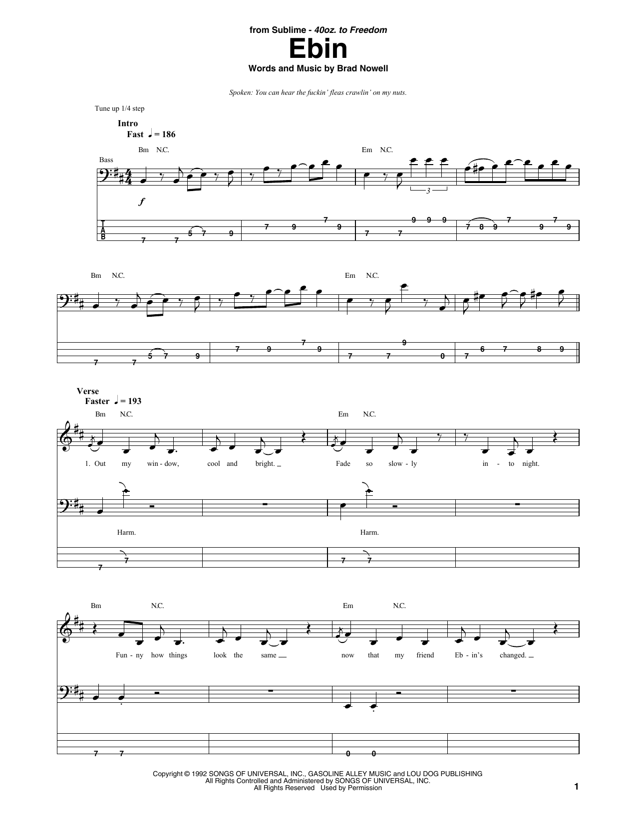 Sublime Ebin Sheet Music Notes & Chords for Bass Guitar Tab - Download or Print PDF
