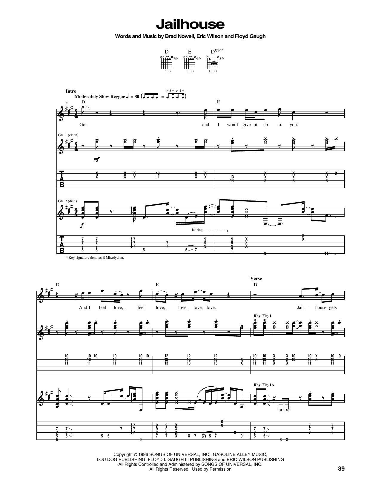 Sublime Jailhouse Sheet Music Notes & Chords for Piano, Vocal & Guitar (Right-Hand Melody) - Download or Print PDF