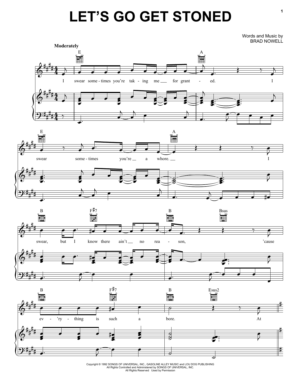 Sublime Let's Go Get Stoned Sheet Music Notes & Chords for Piano, Vocal & Guitar (Right-Hand Melody) - Download or Print PDF