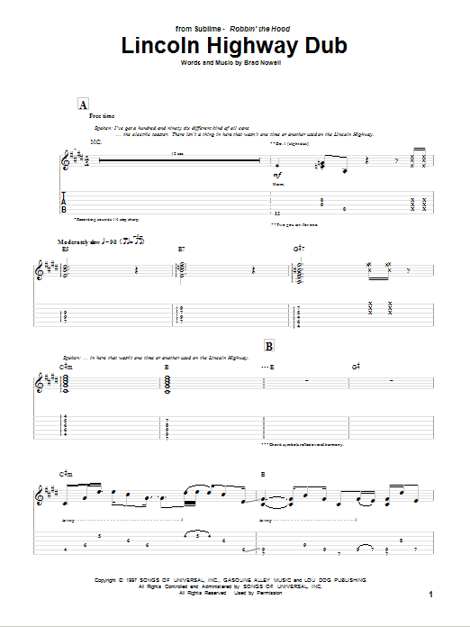 Sublime Lincoln Highway Dub Sheet Music Notes & Chords for Guitar Tab - Download or Print PDF