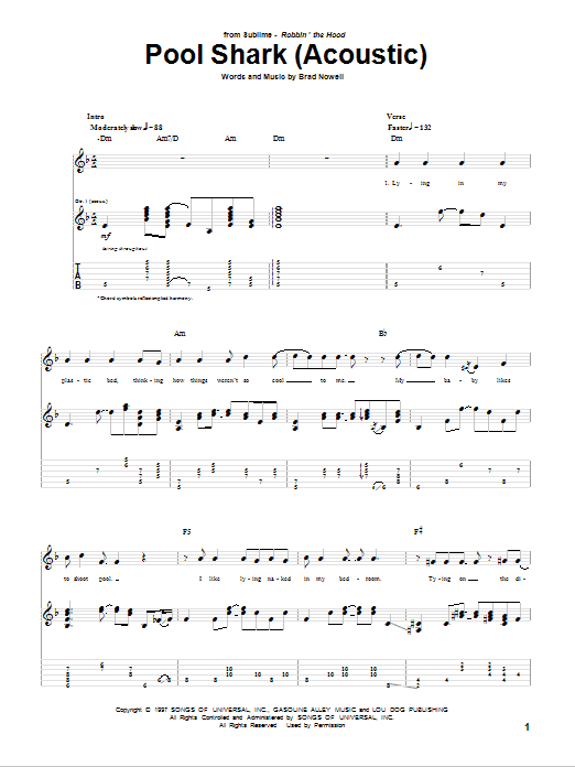 Sublime Pool Shark (Acoustic) Sheet Music Notes & Chords for Guitar Tab - Download or Print PDF