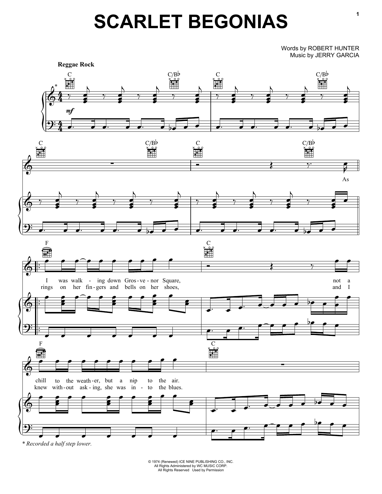 Sublime Scarlet Begonias Sheet Music Notes & Chords for Piano, Vocal & Guitar (Right-Hand Melody) - Download or Print PDF