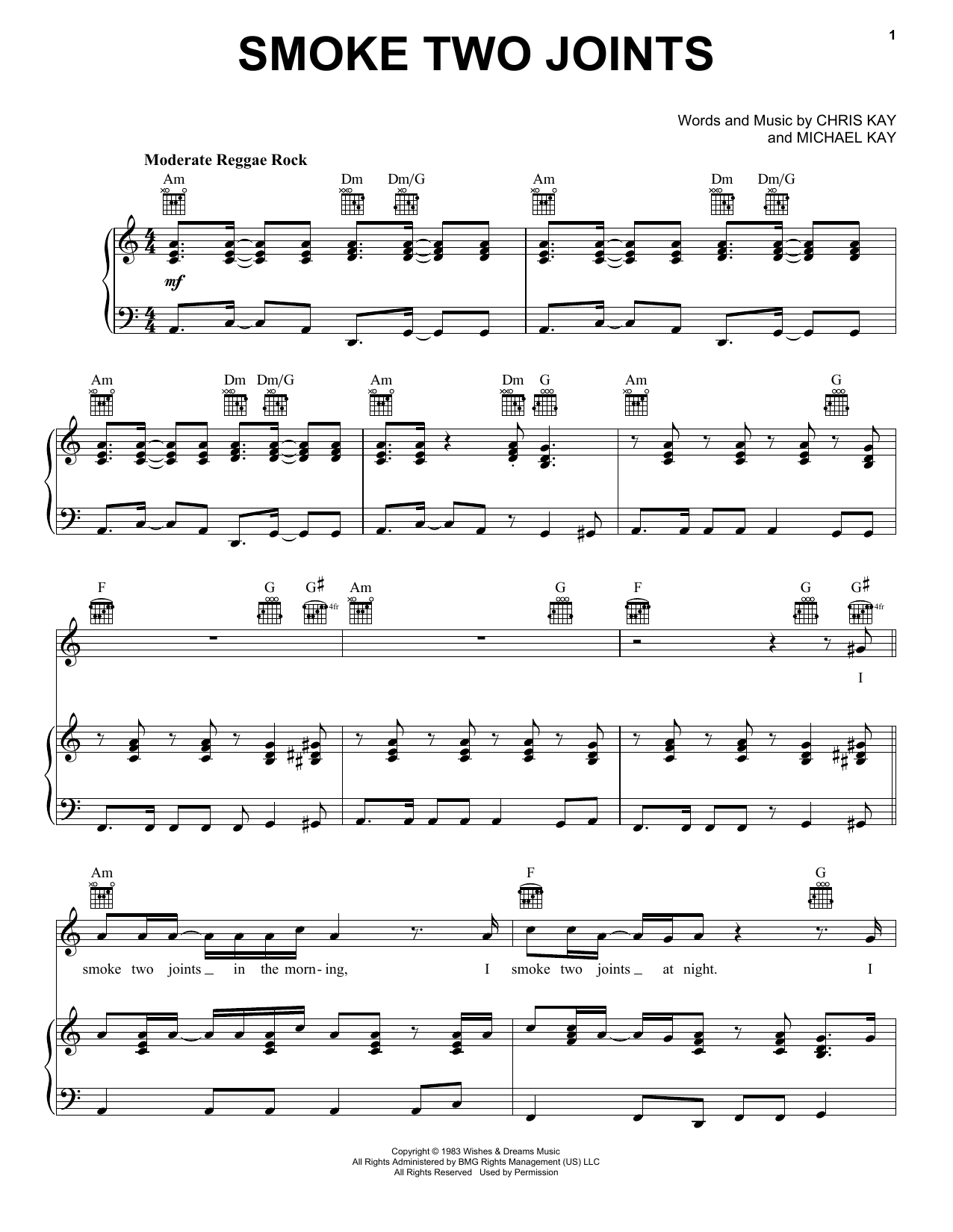 Sublime Smoke Two Joints Sheet Music Notes & Chords for Piano, Vocal & Guitar (Right-Hand Melody) - Download or Print PDF
