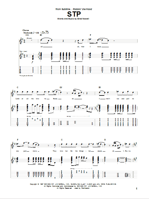 Sublime STP Sheet Music Notes & Chords for Guitar Tab - Download or Print PDF