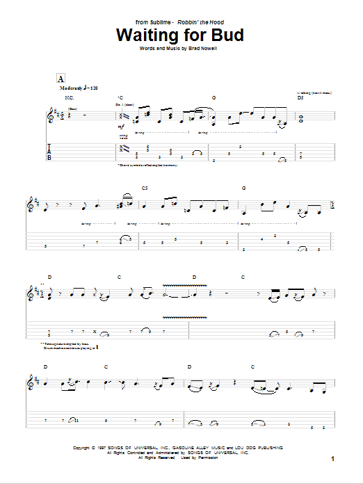 Sublime Waiting For Bud Sheet Music Notes & Chords for Guitar Tab - Download or Print PDF