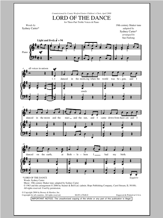 Sue Furlong Lord Of The Dance Sheet Music Notes & Chords for 3-Part Treble - Download or Print PDF