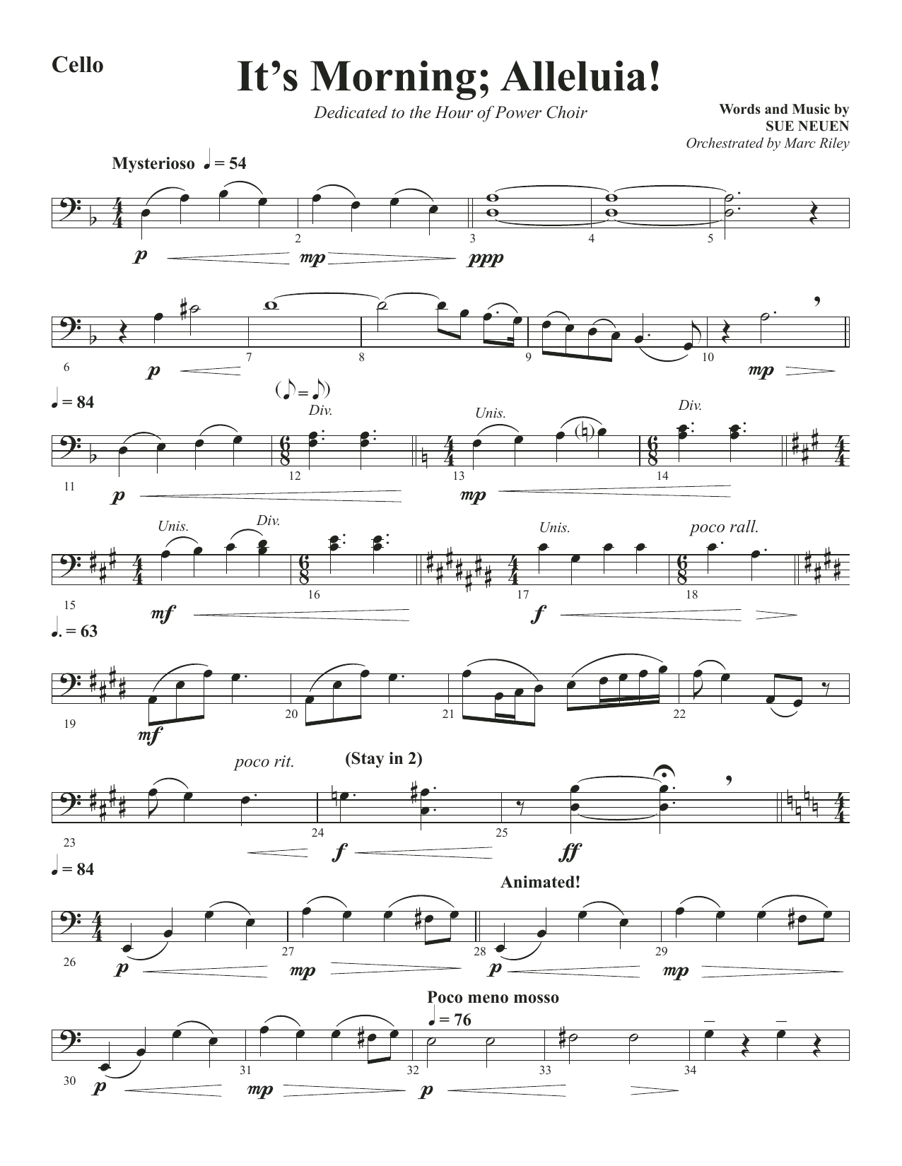 Sue Neuen It's Morning; Alleluia! - Cello Sheet Music Notes & Chords for Choir Instrumental Pak - Download or Print PDF