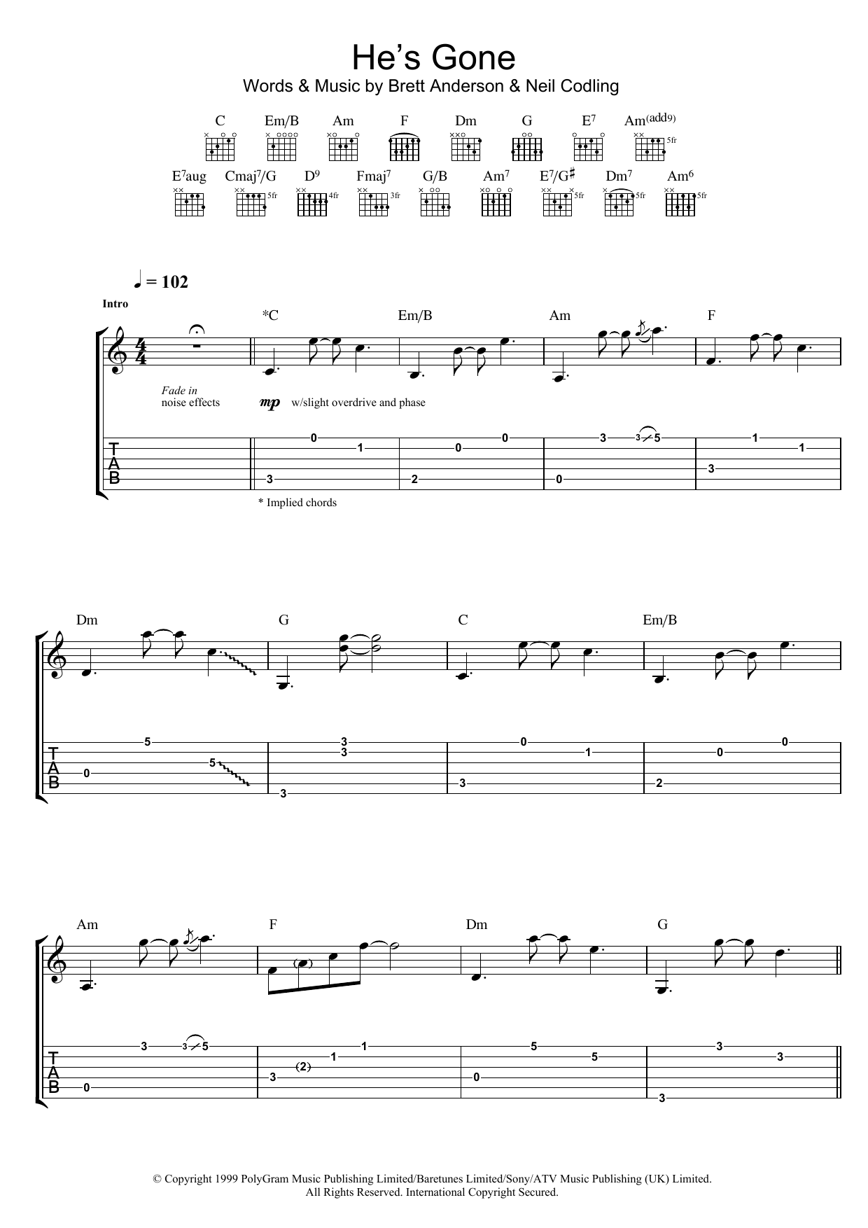 Suede He's Gone Sheet Music Notes & Chords for Guitar Tab - Download or Print PDF