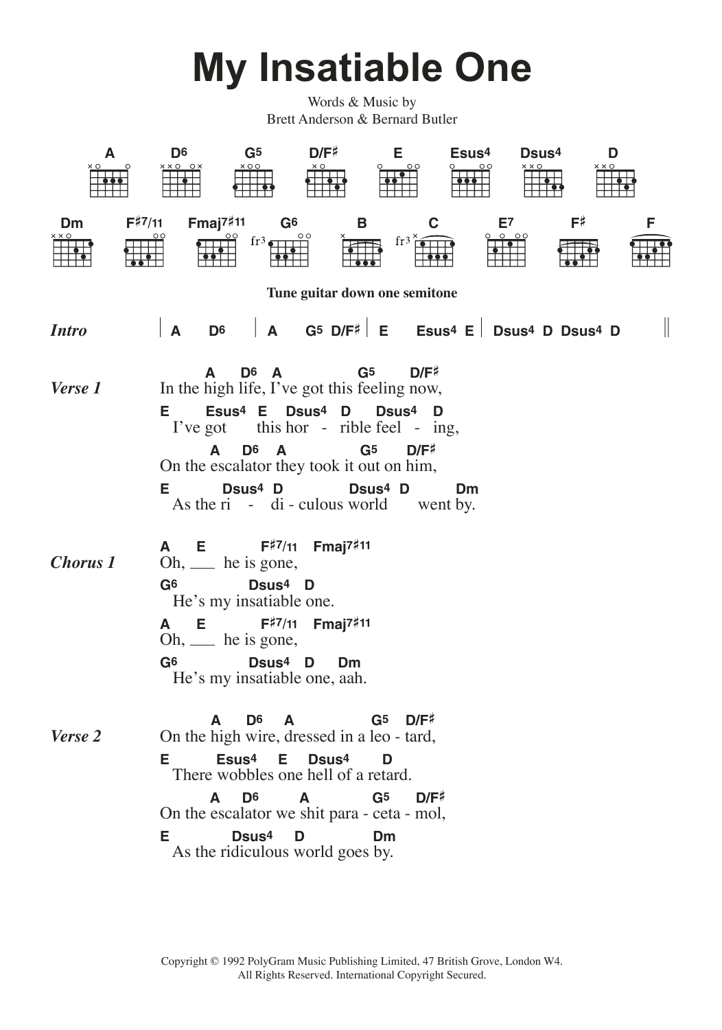 Suede My Insatiable One Sheet Music Notes & Chords for Lyrics & Chords - Download or Print PDF