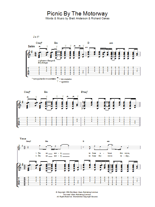 Suede Picnic By The Motorway Sheet Music Notes & Chords for Guitar Tab - Download or Print PDF