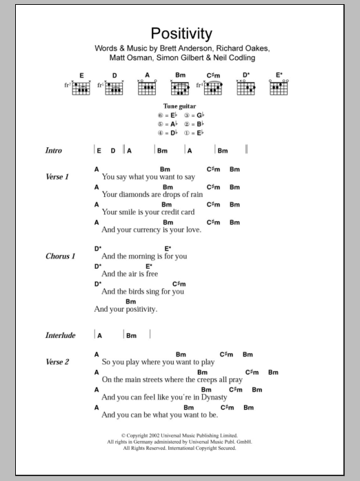 Suede Positivity Sheet Music Notes & Chords for Lyrics & Chords - Download or Print PDF