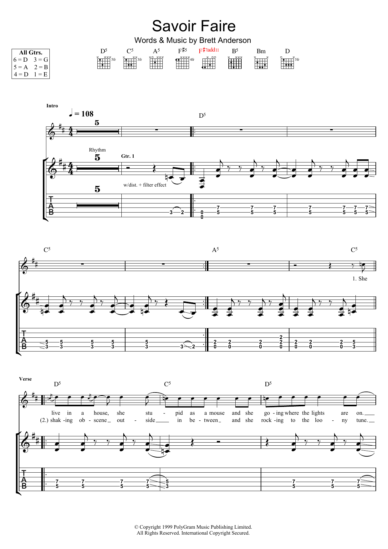 Suede Savoir Faire Sheet Music Notes & Chords for Guitar Tab - Download or Print PDF