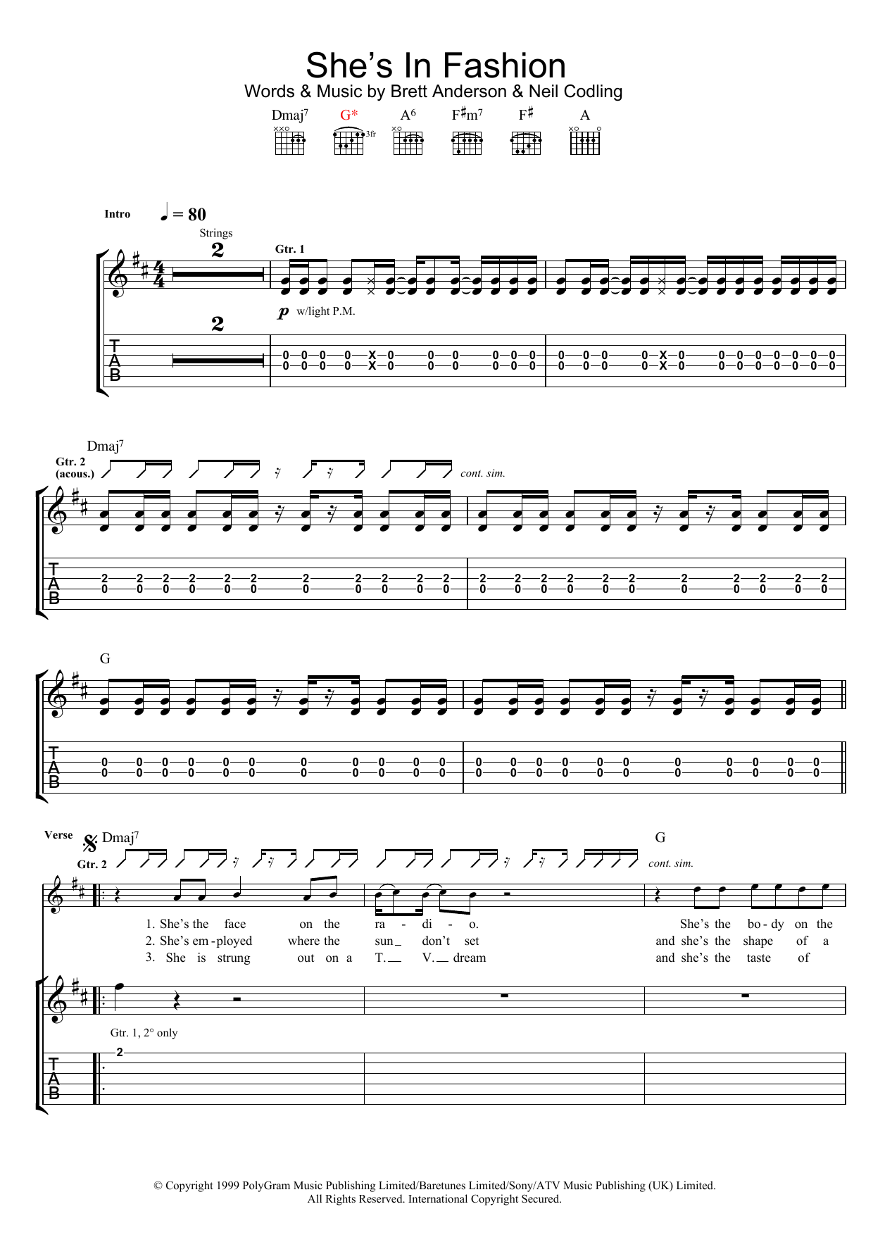 Suede She's In Fashion Sheet Music Notes & Chords for Lyrics & Chords - Download or Print PDF