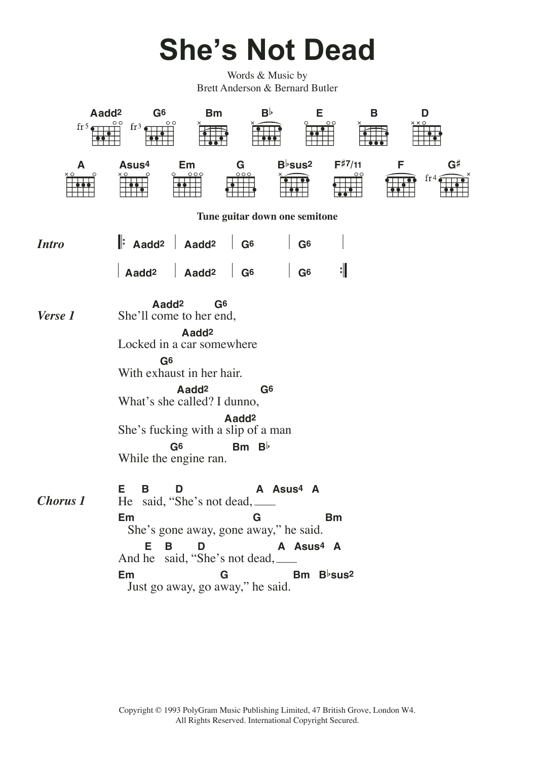 Suede She's Not Dead Sheet Music Notes & Chords for Lyrics & Chords - Download or Print PDF