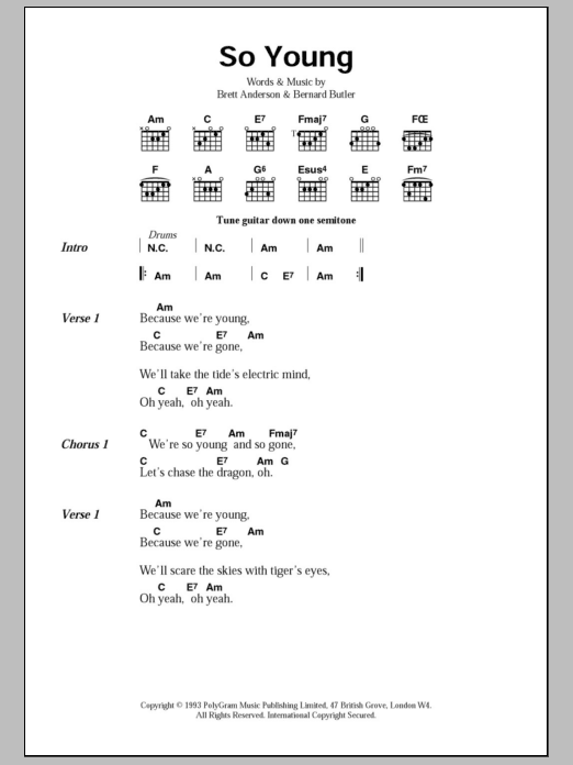 Suede So Young Sheet Music Notes & Chords for Lyrics & Chords - Download or Print PDF