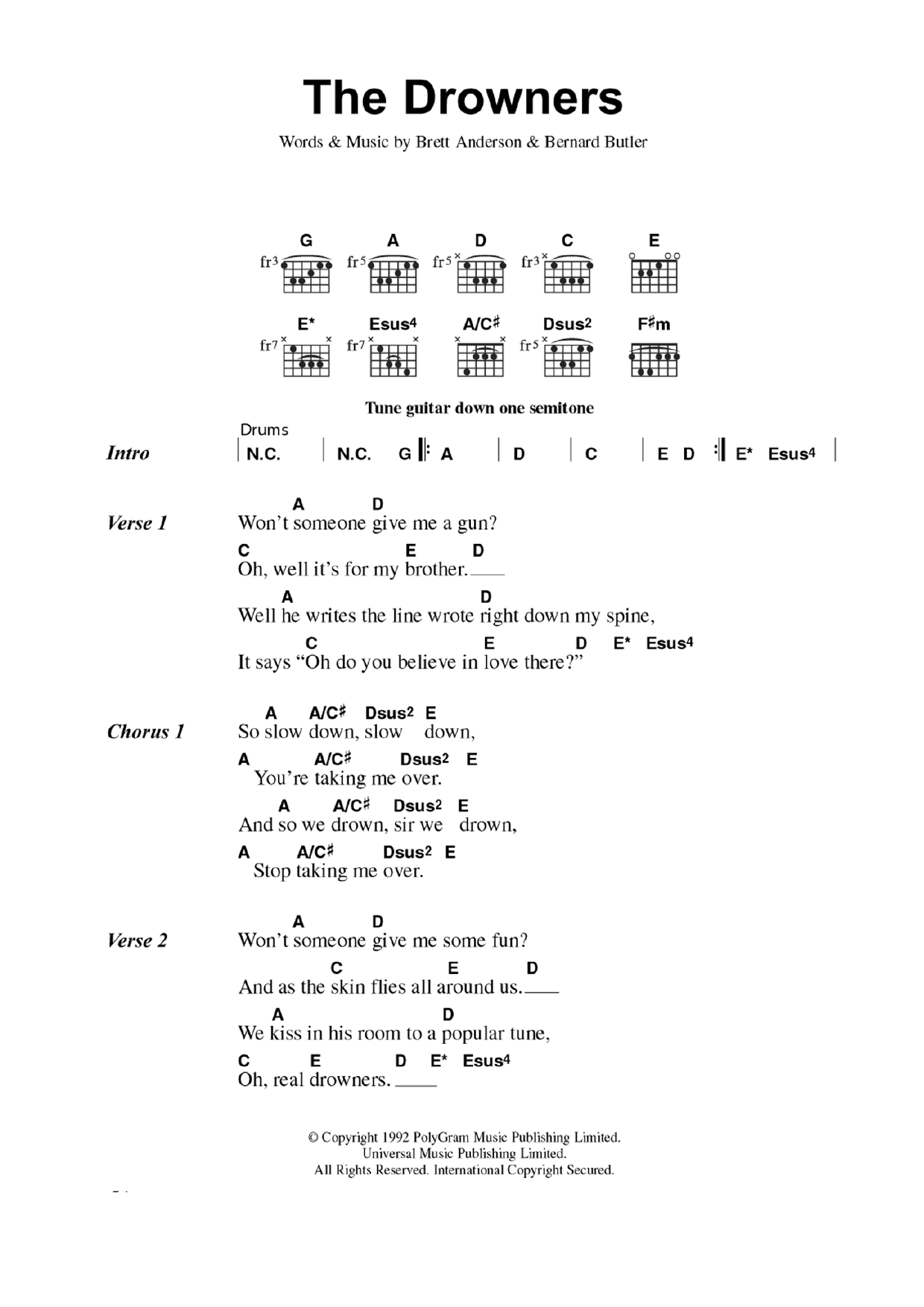 Suede The Drowners Sheet Music Notes & Chords for Lyrics & Chords - Download or Print PDF