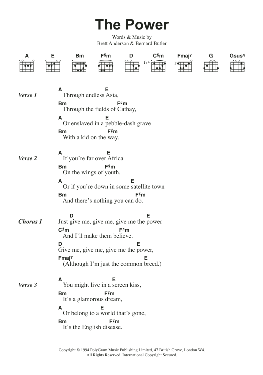Suede The Power Sheet Music Notes & Chords for Lyrics & Chords - Download or Print PDF